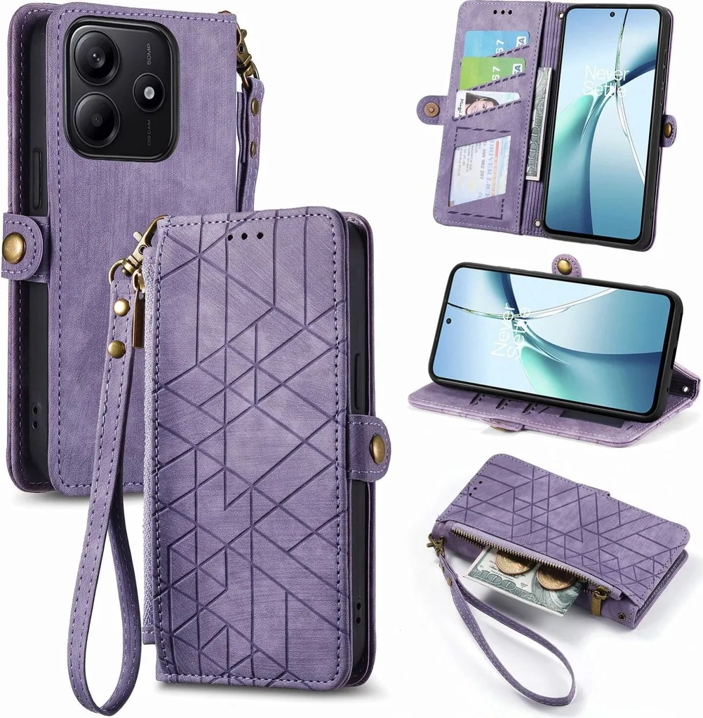 Cover Geometrica Viola per Redmi Note 14 5G | Portafoglio con Zip e Cinturino