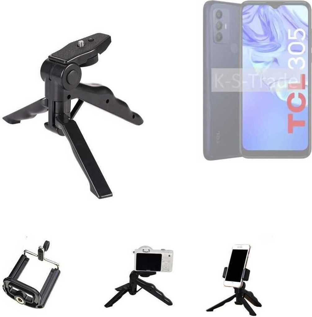 K-S-Trade Stativ Tisch-Ständer Dreibein Handy-Stativ Ständer kompatibel mit TCL 305 Mini-Stativ Smartphone Tripod Handy-Stativ aus Plastik schwarz