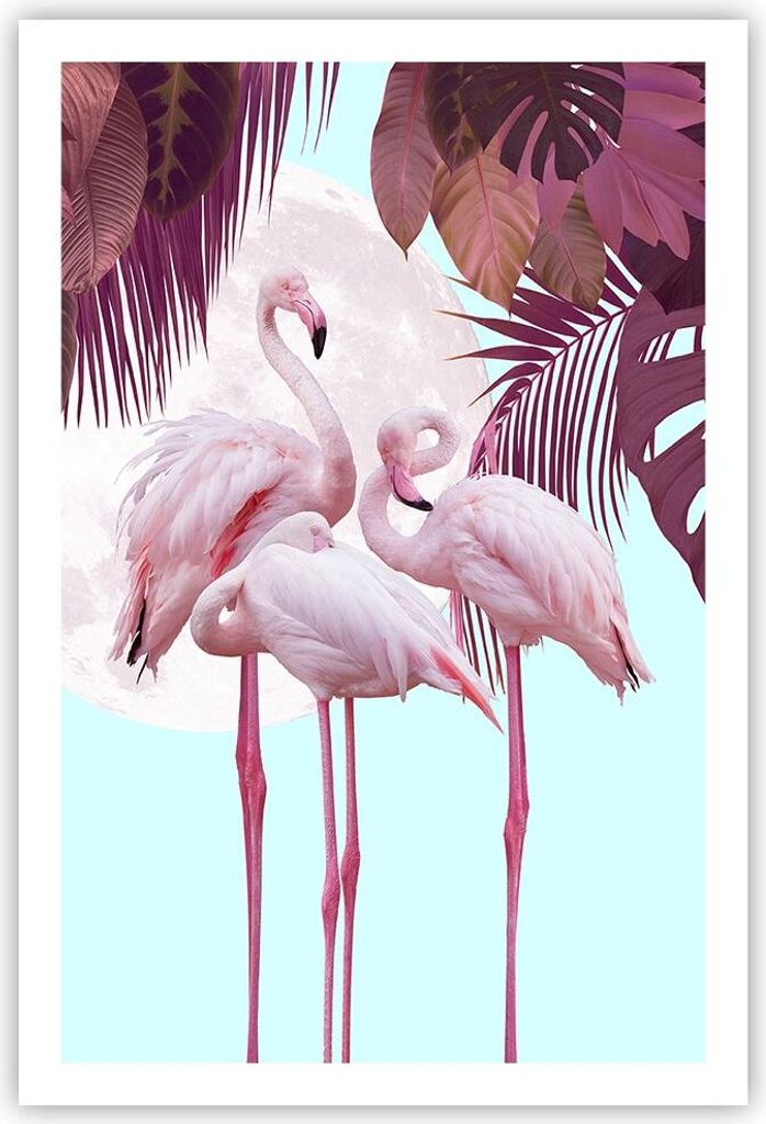Poster - Poster ohne Rahmen - Flamingos Palmen Mond - 61x91,5 cm - Wand Bild - Wanddeko - Wandbilder - Kunstposter - Wandposter - Bilder - Kunstdru...