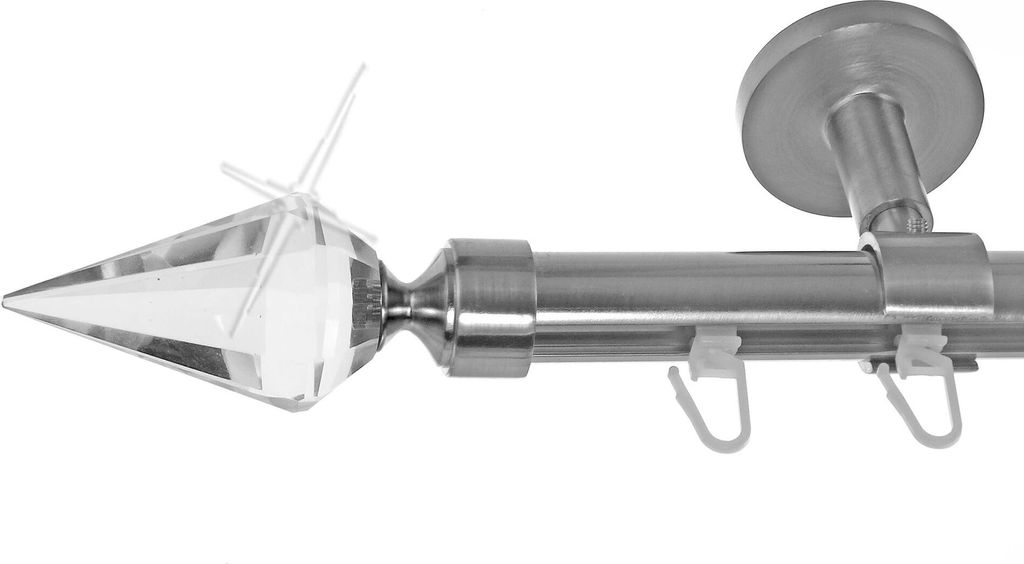 Innenlauf Gardinenstange Edelstahl Look 20mm Deckenträger Deckenbefestigung 1-läufig Spitze Kristall, Länge wählbar D30 E37