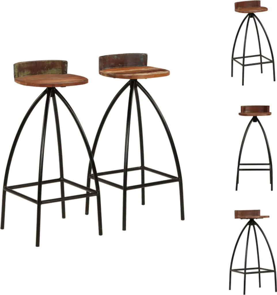 Tabouret de Bar Stable et Robuste en Bois Massif de Récupération - 2 Pcs