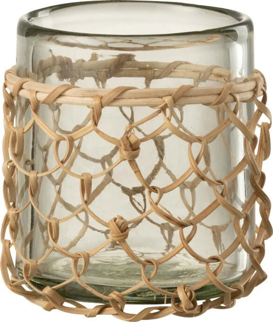 Porte-bougie J-Line transparent avec détails en roseau tressé - Petit