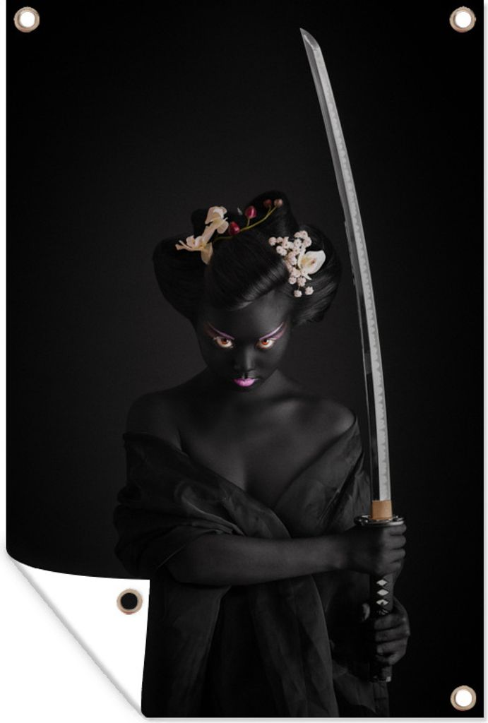 MuchoWow 80x120 cm Outdoor-Poster Gartendeko Sichtschutz Garten Poster für den Garten Japanischer Samurai vor schwarzem Hintergrund