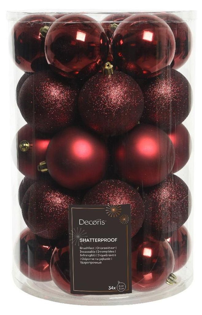 Onbreekbare kerstballen ossenbloed in koker 34 st Decoris Productafbeelding 