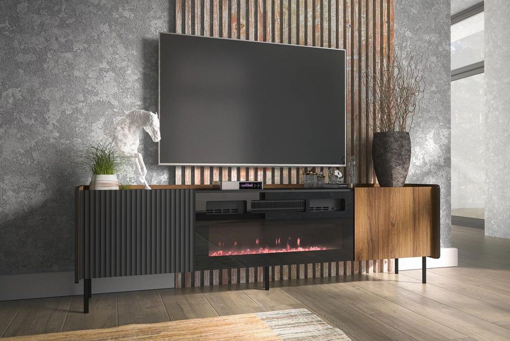 TV-Möbel mit elektrischem Kamin ASHEBORO - Walnuss / San Sebastián / Schwarz