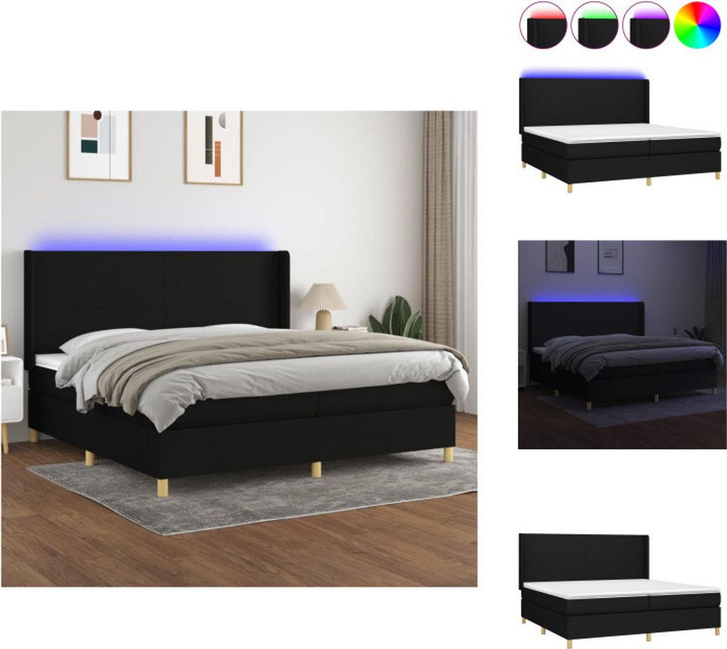 vidaXL Boxspringbett mit Matratze & LED Schwarz 200x200 cm Stoff - Betten & Bettgestelle