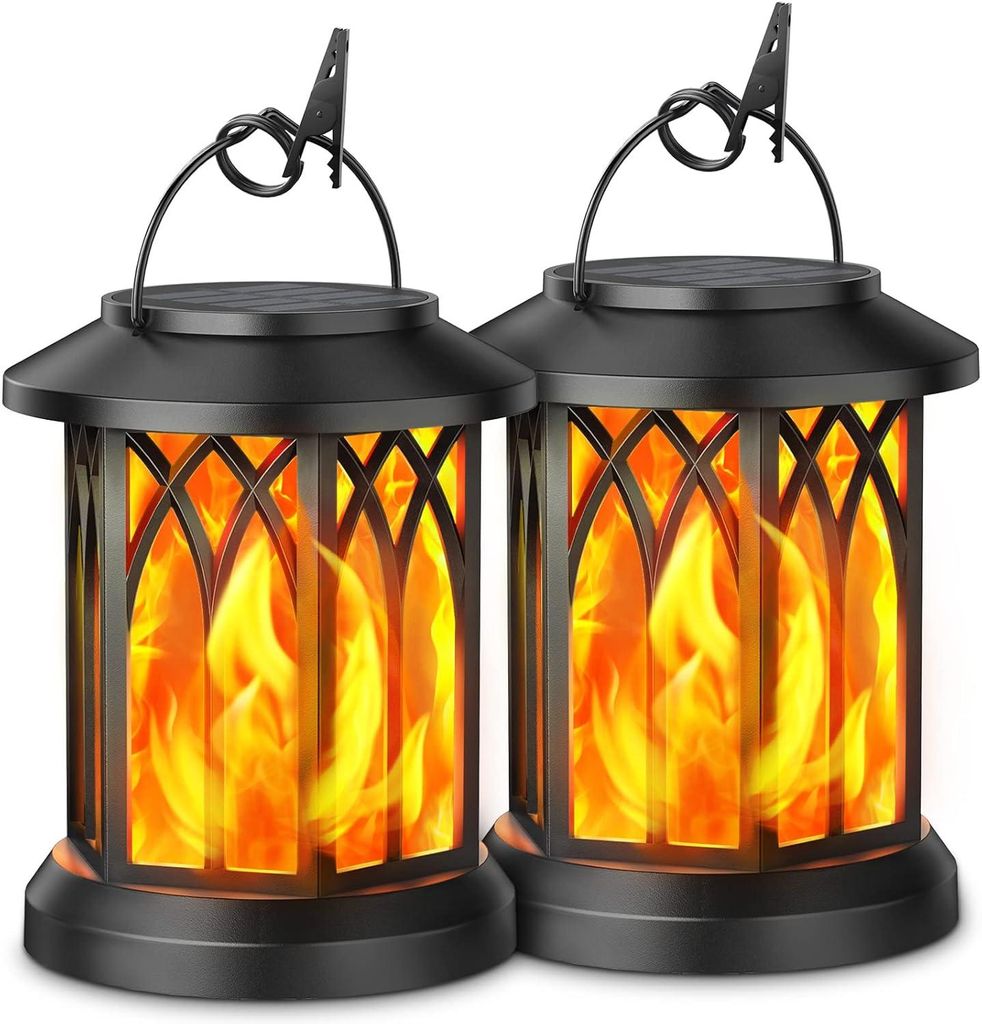 Solar Gartenlampe 2 Stück, Wasserdichte Solar Laterne Mit Realistischem Flammeneffekt, IP65 Für Balkon Hof Camping