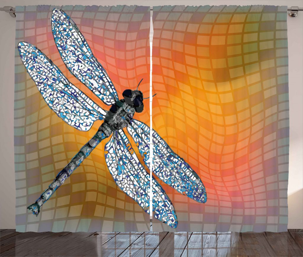 ABAKUHAUS Orange Rustikaler Vorhang, Drangonfly Digital-Theme, Wohnzimmer Universalband Gardinen mit Schlaufen und Haken, 280 x 245 cm, Mehrfarbig