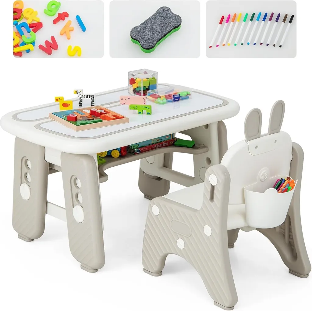 Table d'Activité Enfant avec Chaise et Bureau à Dessin Magnétique Bleu