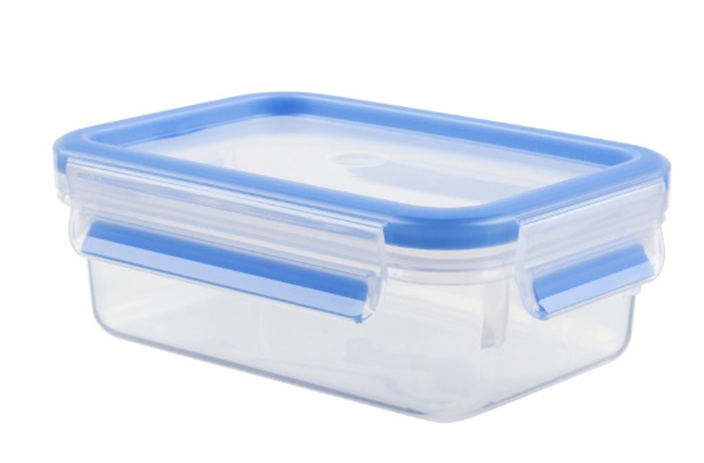 A clear, studio shot of a rectangular food storage container with a blue lid and clasps, set against a white background.