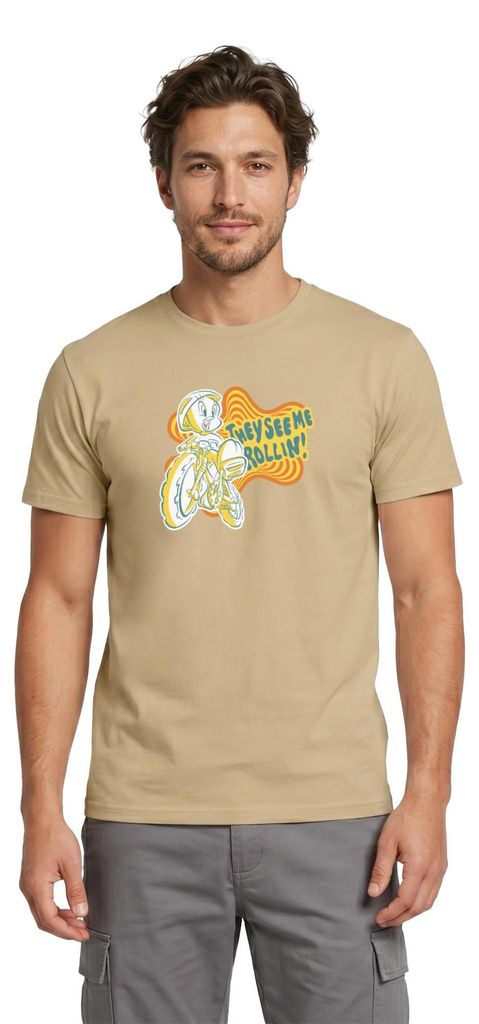 Spreadshirt Looney Tunes They See Me Rollin' Tweety Fahrrad Männer T-Shirt, S, Sandbeige
