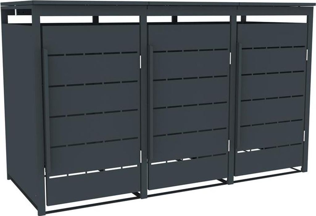 A dark gray, three-door trash bin enclosure is shown against a white background.