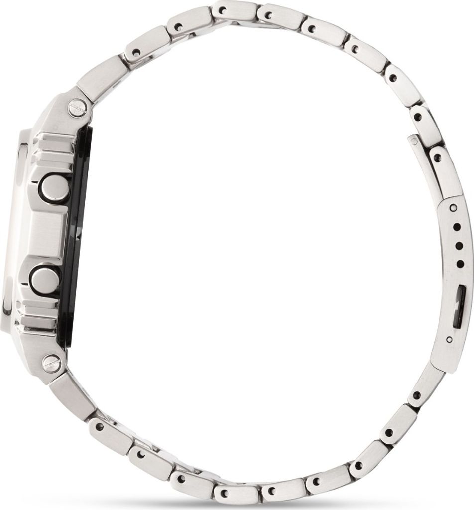 Side view of a silver metal watch band and case.