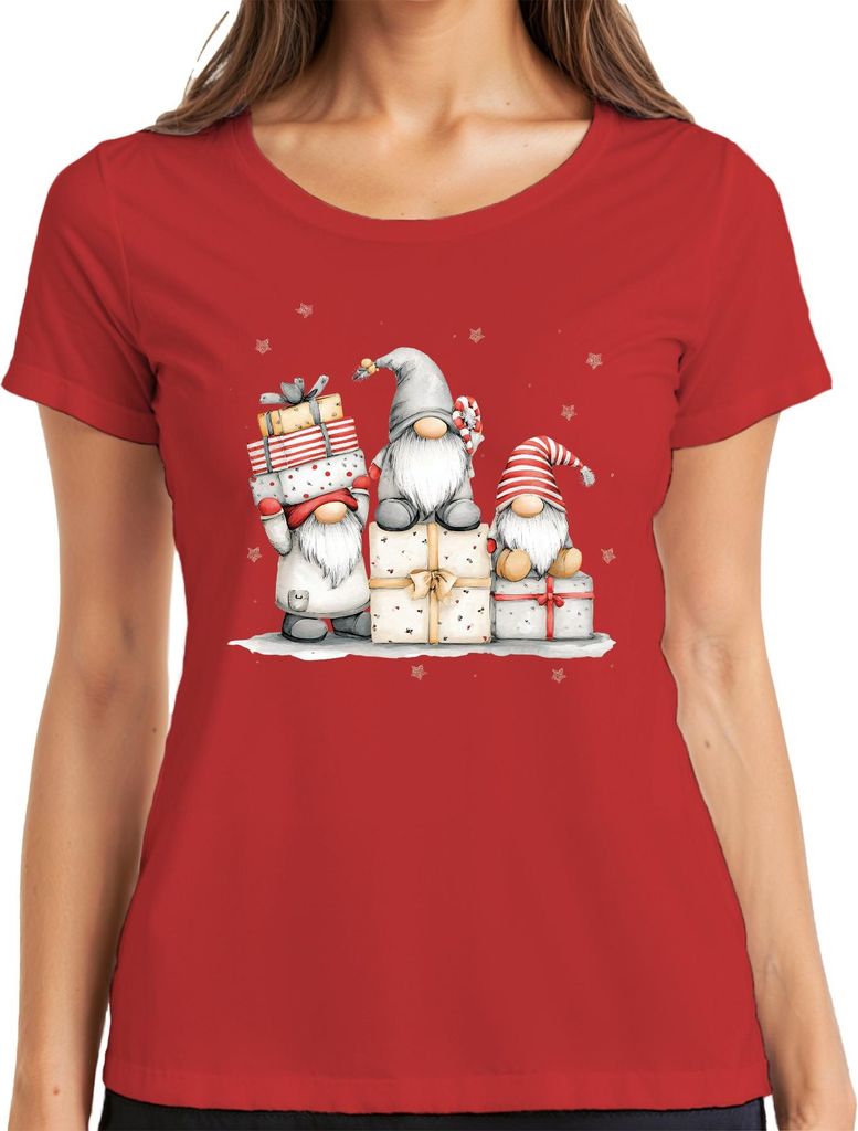 Weihnachtswichtel Geschenke Zuckerstange Sterne Niedlich Retro Damen T-Shirt, Rot, XL