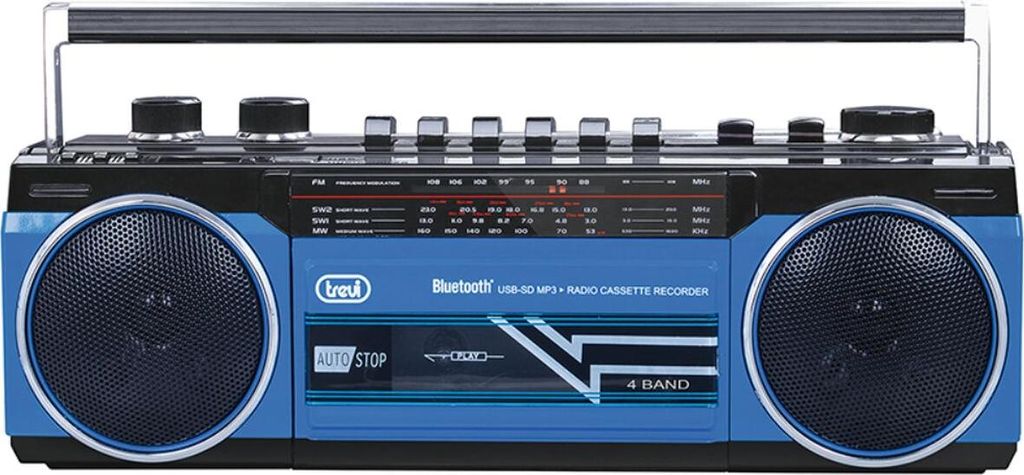 A blue and black portable radio cassette recorder with speakers and controls.