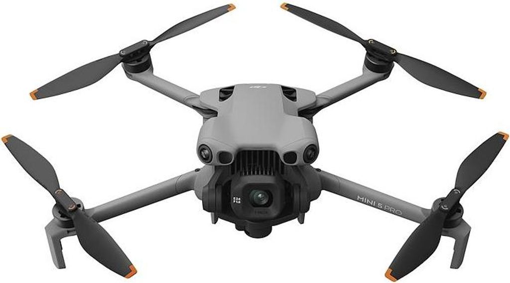 A gray and black drone is shown from the front against a white background.