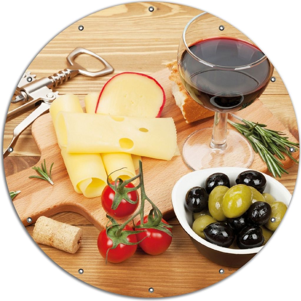 Wallario rundes Outdoor-Poster für Garten oder Balkon, Motiv Genuss am Abend - Rotwein, Käseplatte, Oliven und Tomaten, 120 cm Durchmesser