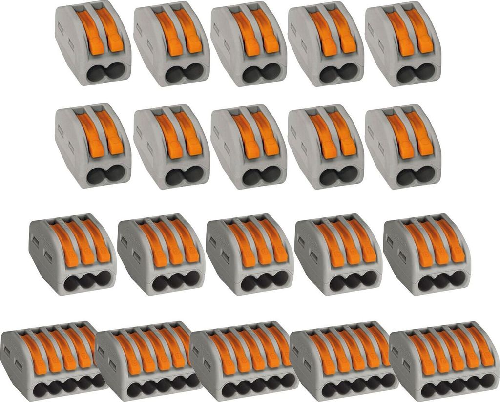 WAGO 222 Klemmen 2 polig, 3 polig und 5 polig 0,08 bis 4mm², Verbindungsklemmen mit Hebel, Kunststoff, 20-teilig