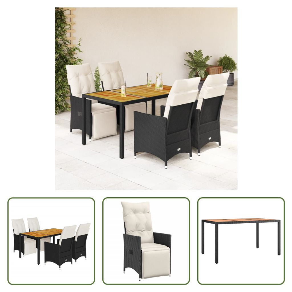 The Living Store 5-tlg. Garten-Essgruppe mit Kissen Schwarz Poly Rattan