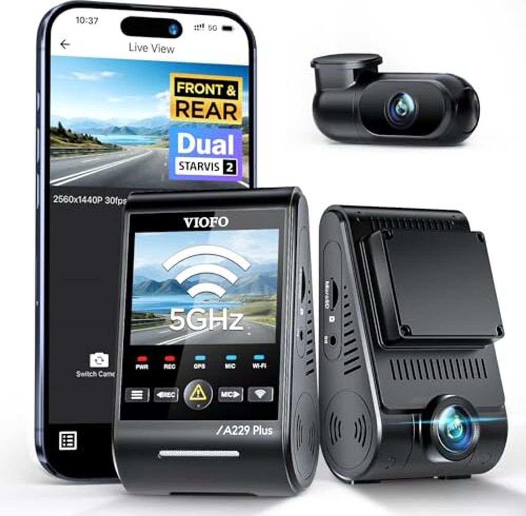 VIOFO A229 plus 2K + Dual Sternvis 2, HDR-Vorderseite Heck-Dashcam-Auto, Sprachsteuerung und 5GHz Wi-Fi-WLAN-Autokamera, Ultra-präzise GPS, Super ...