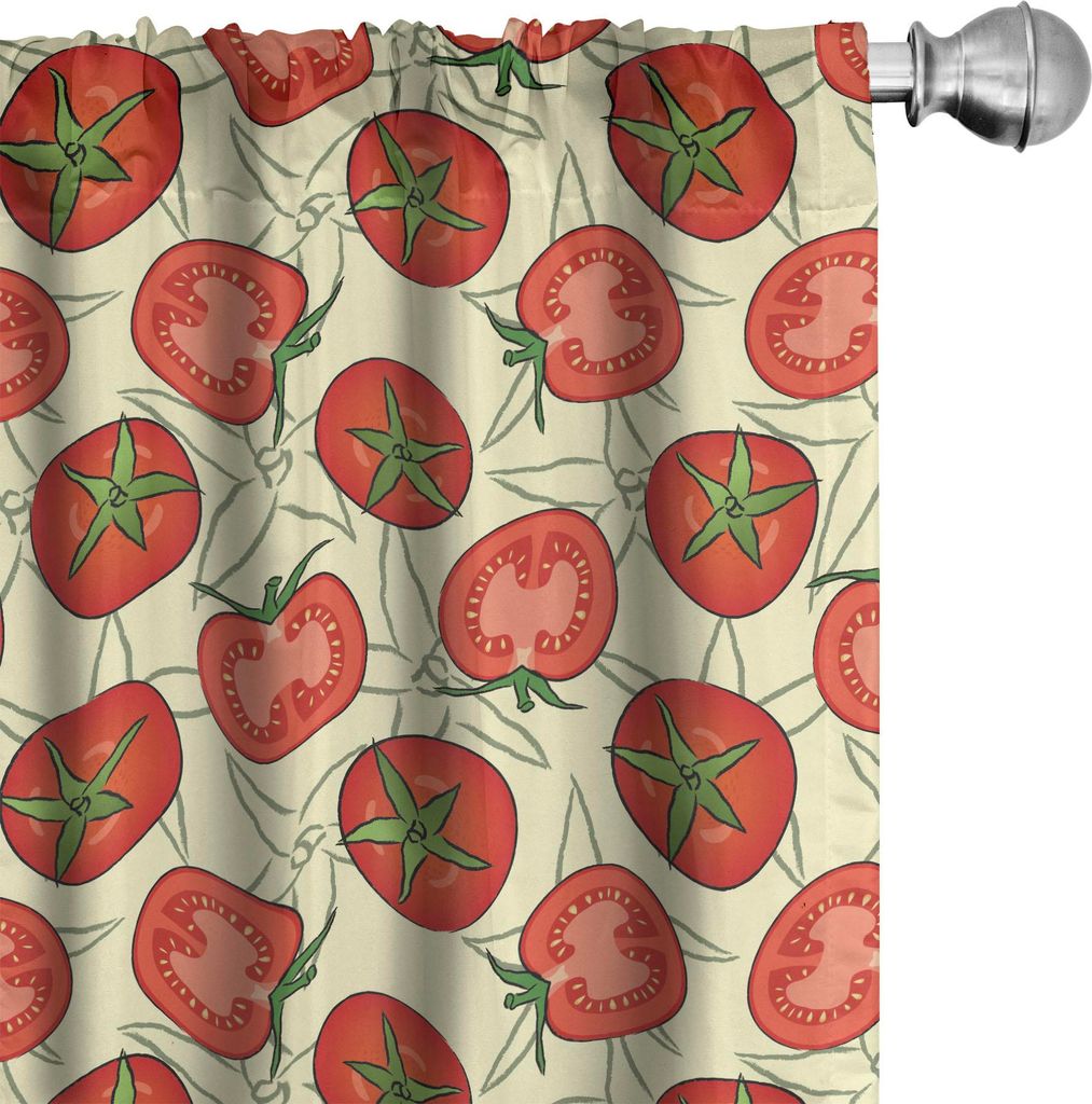 ABAKUHAUS Vegan Vorhänge, Gardinen, Ganze und halbe Tomaten auf blassem Gelb Grün-Blätter Salat Zutaten, 2 Stück 75 x 175 cm, Hellgelb Zinnoberrot