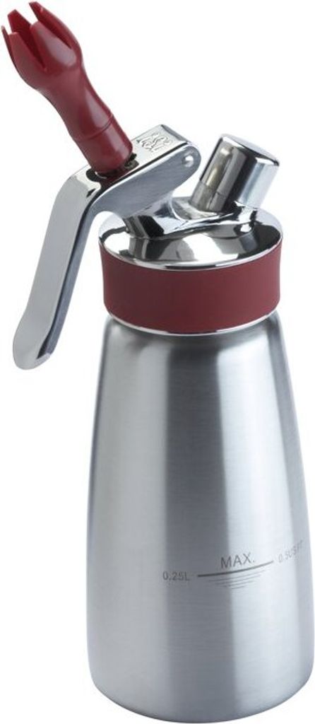 A stainless steel whipped cream dispenser with a red nozzle and handle.