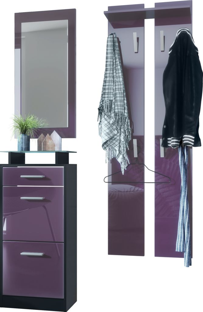 Vladon Garderobenset Garderobe Loret V2 Mini, Korpus in Schwarz matt / Front in Brombeer Hochglanz