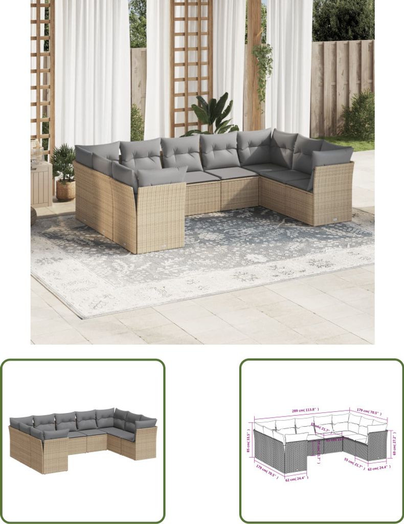 The Living Store 9-tlg. Garten-Sofagarnitur mit Kissen Beige Poly Rattan