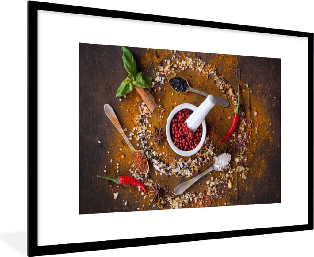 MuchoWow Gerahmtes Poster Mörser - Kräuter - Löffel - Gewürze - Braun - Pfeffer 90x60 cm - Poster mit Schwarzem Bilderrahmen Wandposter Rahme...