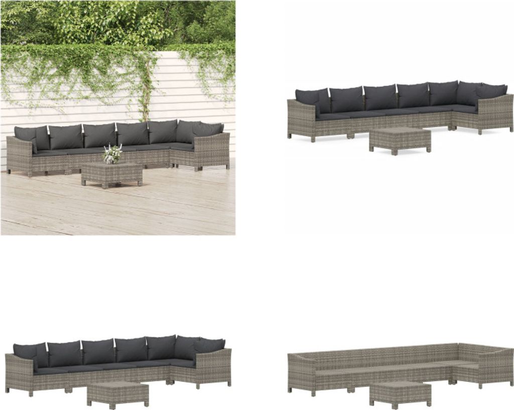 vidaXL 7 tlg. Garten Lounge Set mit Kissen Grau Poly Rattan - Garten Lounge Set - Garten Lounge Sets - Lounge Set - Gartenmöbel Set