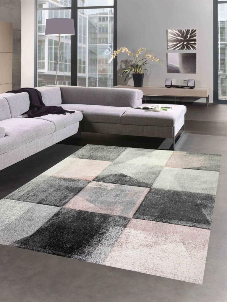 Abstrakter Teppich Flur Wohnzimmer modernes Karomuster in creme rosa grau Größe - 60x110 cm