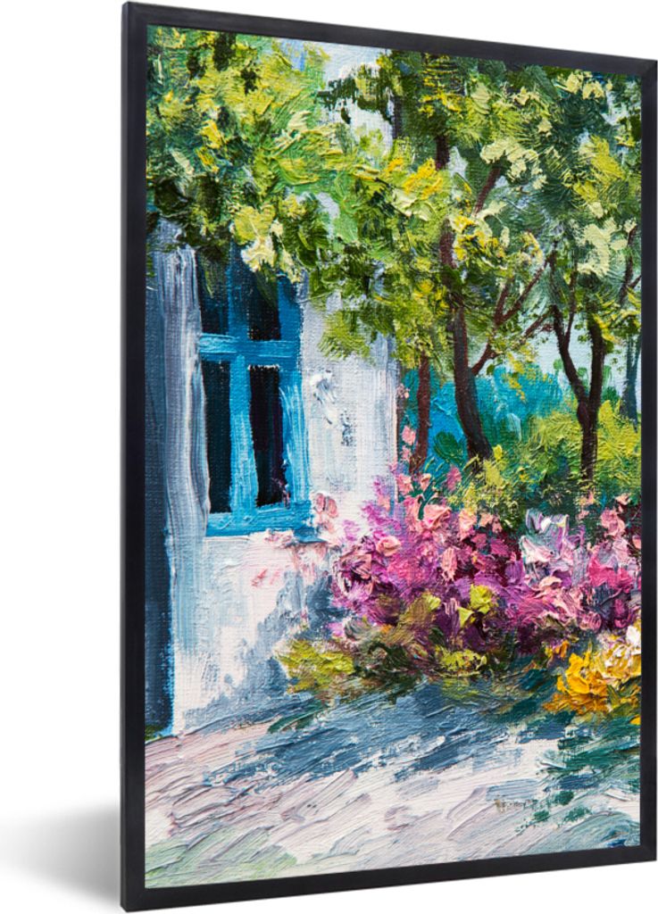 MuchoWow Gerahmtes Poster Malerei - Pflanzen - Blumen - Haus - Öl 20x30 cm - Poster mit Schwarzem Bilderrahmen Wandposter Rahmen Foto Bilder - D...