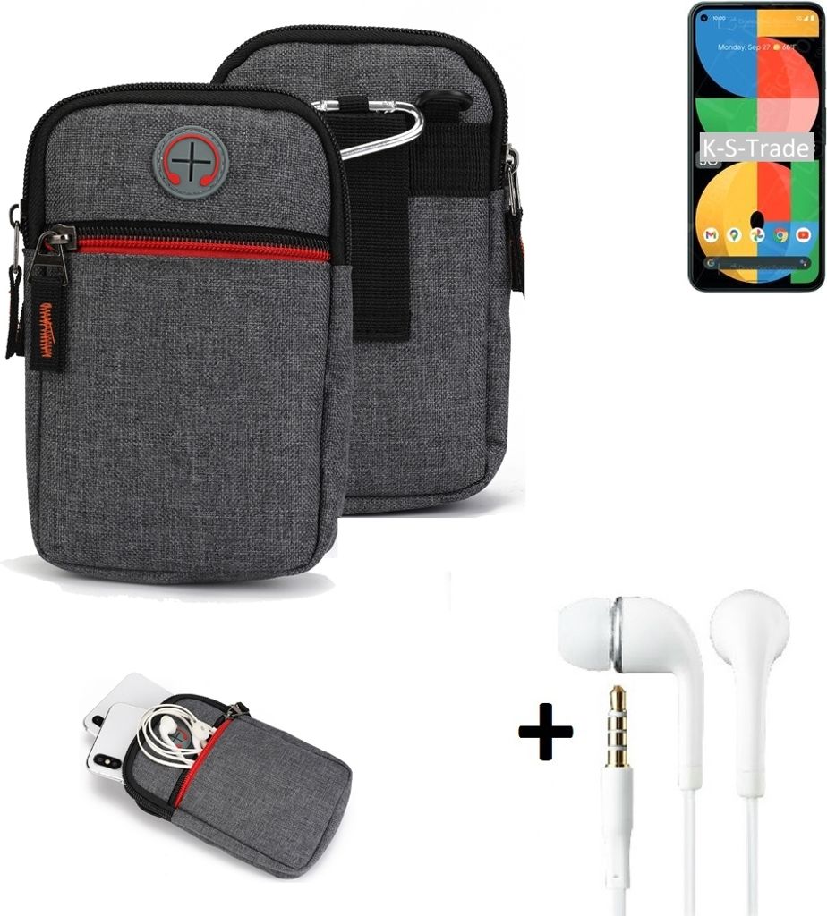 K-S-Trade Gürteltaasche + Kopfhörer kompatibel mit Google Pixel 5a Handy Tasche Holster Schutz Hülle Handy Hülle grau Zusatzfächer 1x