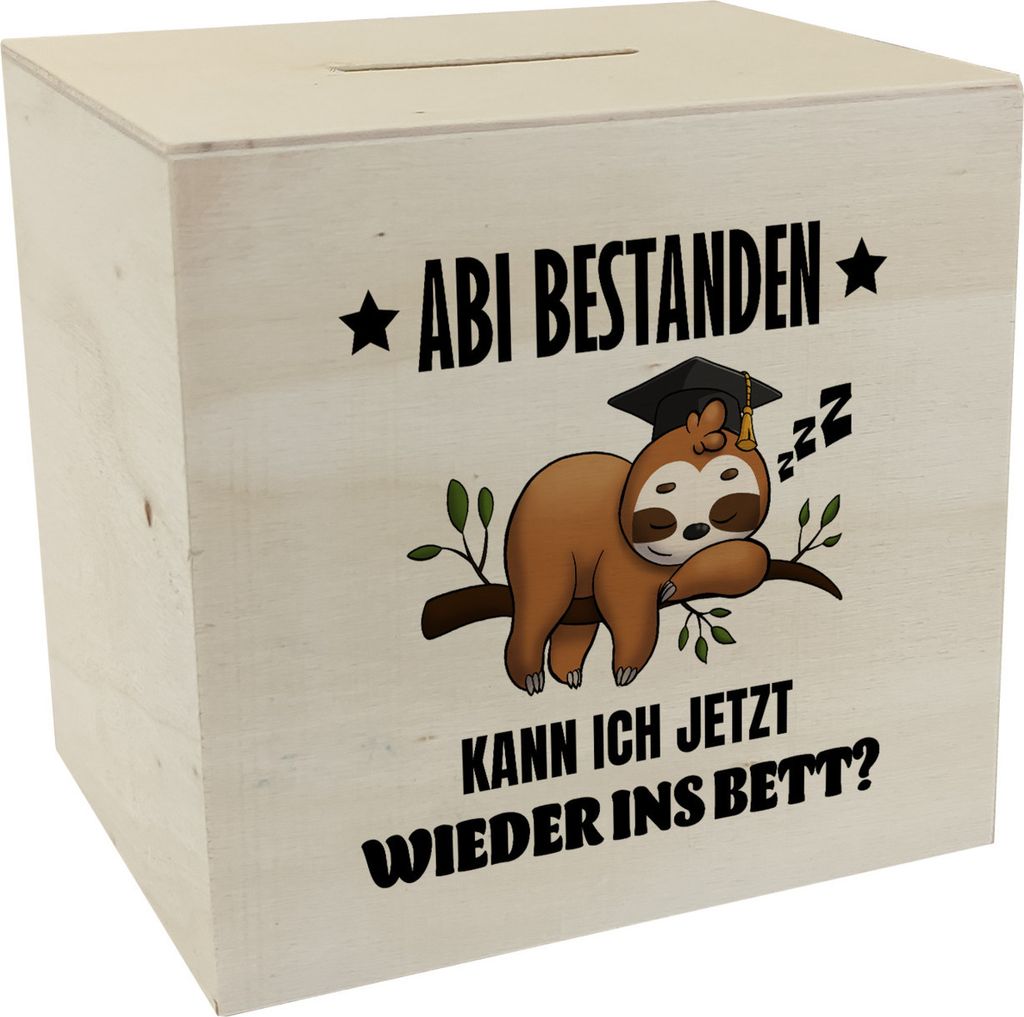 Abi bestanden Faultier Spardose aus Holz mit Spruch zurück ins Bett