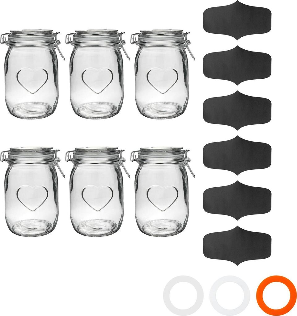 Herzförmige Vorratsgläser aus Glas mit Etiketten – 1 Liter – transparenter Verschluss – 6 Stück