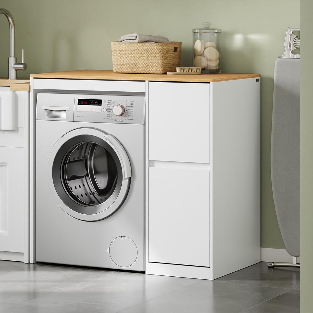 SoBuy Waschmaschinenunterschrank BZR223-WN mit Holzplatte und Schubladen im modernen Waschraum