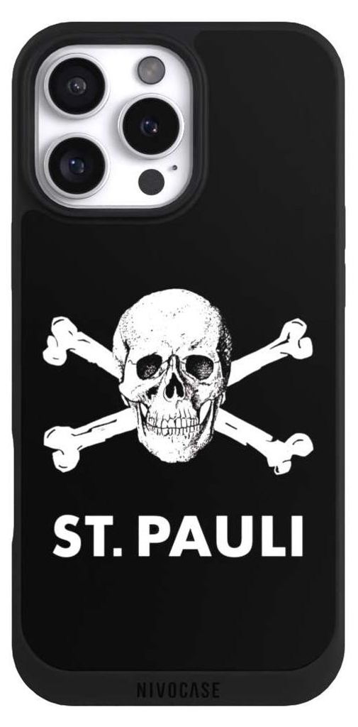 NIVOCASE Handyhülle für Apple iPhone 16 Pro Max Hülle NIVOpure Case Schwarz FC St. Pauli Offizielles Lizenzprodukt Totenkopf