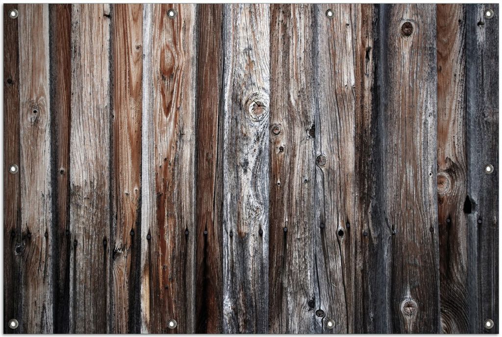 Wallario Outdoor-Poster für Garten oder Balkon, Motiv Alte Holzwand - Holzplanken in grau und braun, in ca. 100 x 150 cm