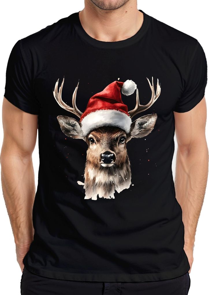 Weihnachtsrentier Geweih Santa Hut Aquarell Weihnachten Geschenk Herren T-Shirt, Schwarz, 3XL