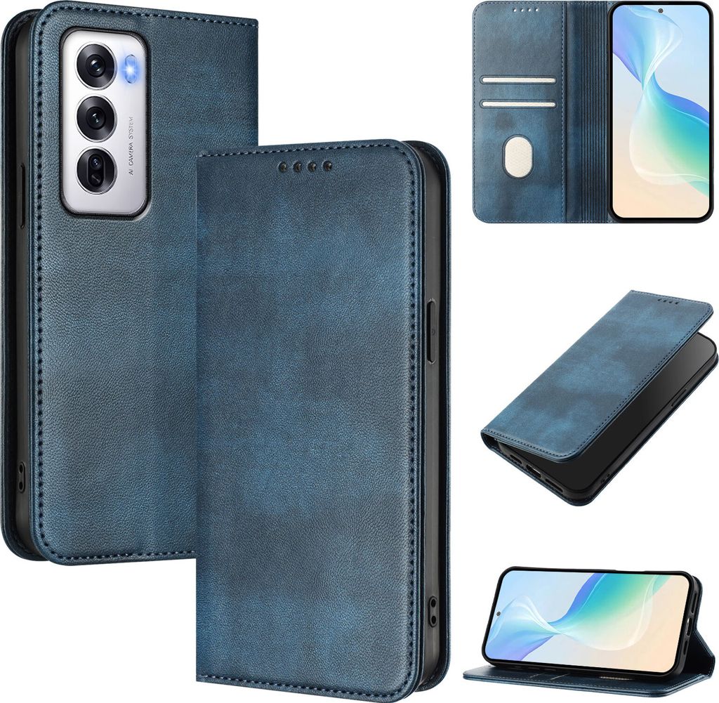 Handyhülle für Oppo Reno12, Vintage Leder RFID Schutz Kartenfach Standfunktion Magnetische Klapphülle Blau
