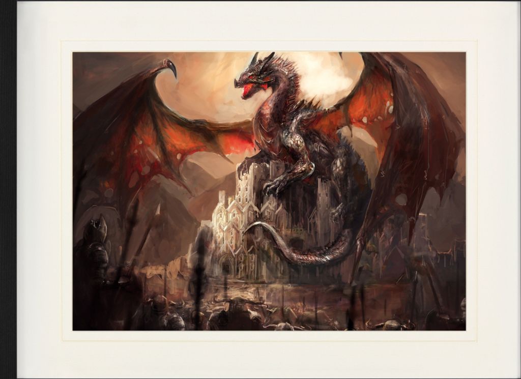 Drachen Gerahmtes Bild Mit Edlem Passepartout | Wand-Bilder | Im Bilderrahmen - Ein Schloss, Erobert Von Einem Drachen (60 x 80 cm)