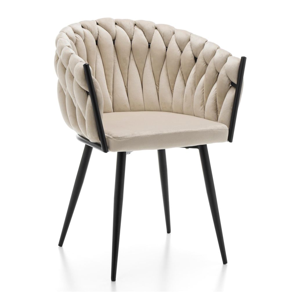 A single upholstered chair with a braided backrest and black legs, presented against a white background.