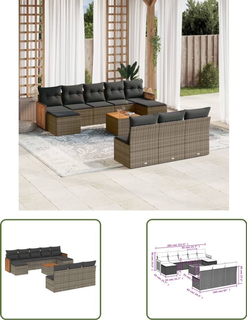 The Living Store 11-tlg. Garten-Sofagarnitur mit Kissen Grau Poly Rattan