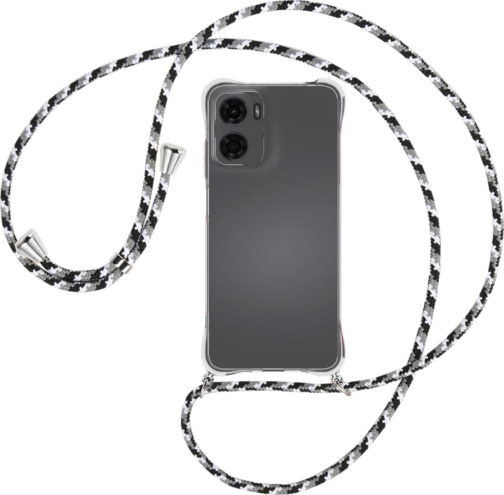 Handykette Backcover-Schutzhülle mit Band (Metall silberfarben) für Motorola Moto G05 - schwarz/grau/weiß