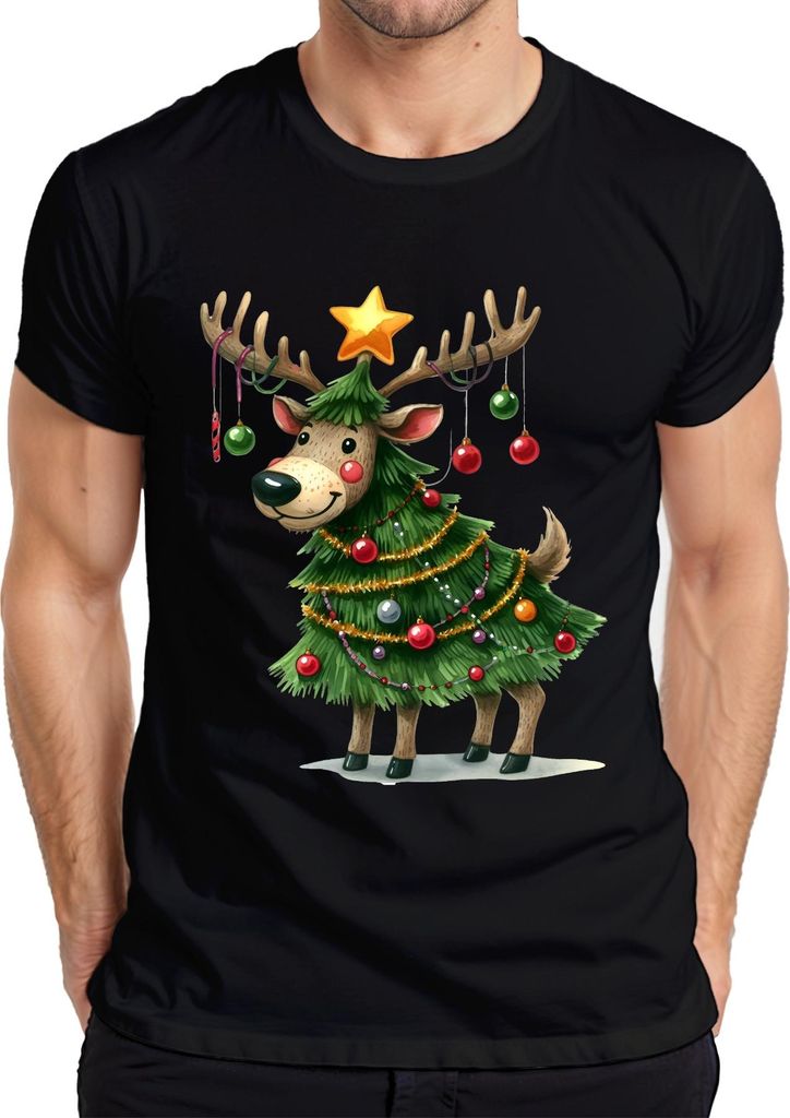 Weihnachtsrentier Weihnachtsbaum Stern Kugeln lustig Geschenk Herren T-Shirt, Schwarz, XL