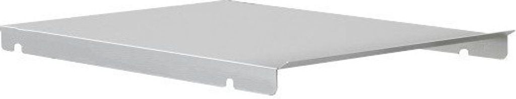 A silver-colored metal shelf or tray with mounting holes on the sides.