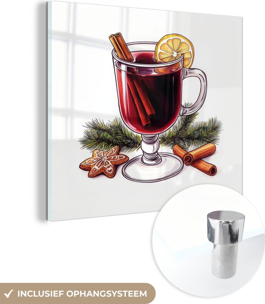 MuchoWow Glasbilder - Bilder auf Wandbild - Foto auf Glas Wein - Trinken - Glühwein - Winter - Illustration - Weihnachten 40x40 cm Wanddekoration ...