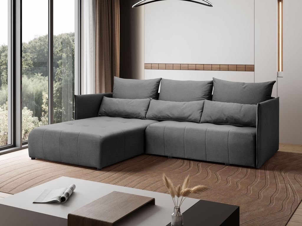 Margaret Hadas24 Ecksofa L Form Hanna 246 x 188 cm mit Schlaffunktion und Bettkasten, 4 Sitzer, Bettzeugablage, Sofa, Eckcouch, dunkelgrau, links