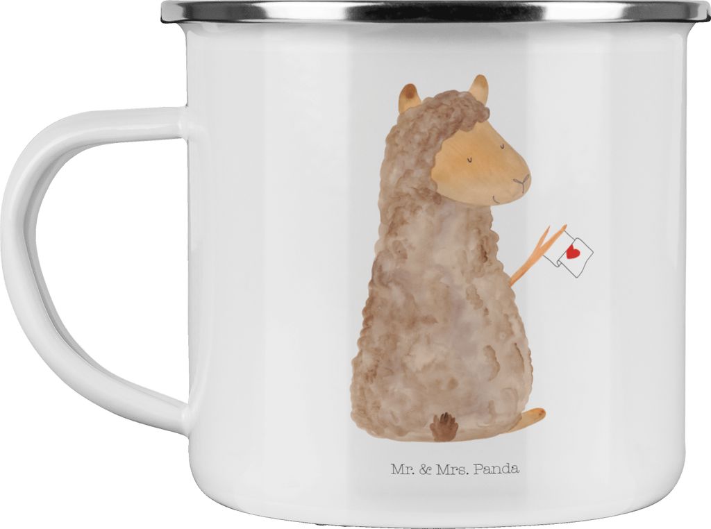 Mr. & Mrs. Panda Teetasse Alpaka Fahne - Weiß - Geschenk, Blechtasse, Teebecher, Lamas, Emaille Tasse, Lama, Alpakas, Reisebecher, Kaffeepott, Liebe