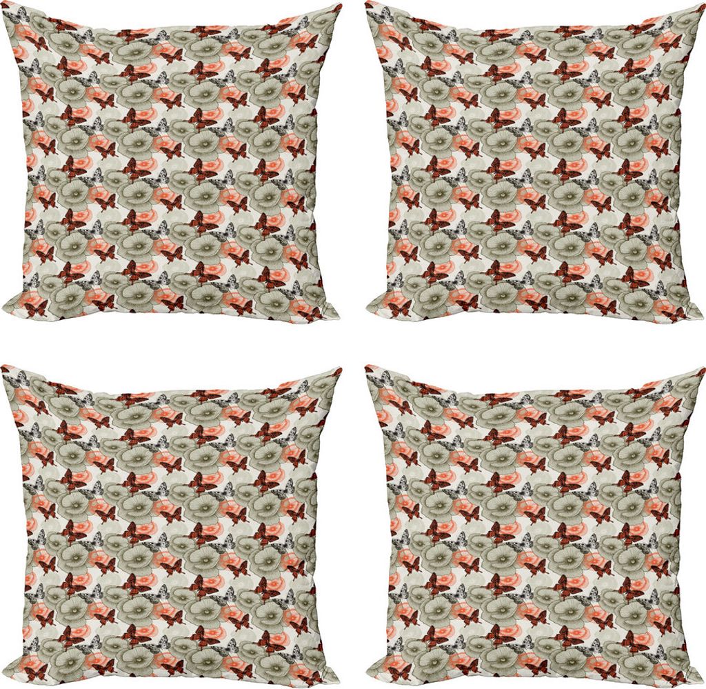 ABAKUHAUS Schmetterling Kissenbezug Set (4 Stück), Mohnblumen und Schmetterlinge, Moderner Doppelseitiger Digitaldruck, 45 cm x 45 cm, Orange Schw...